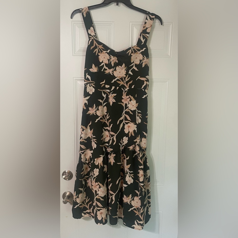 Black Floral Midi Dress with Pink Blossom Print